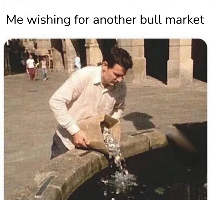 Picture caption: I make a wish for the bull market. Picture of a man pouring a huge amount of coins into a fountain from a box